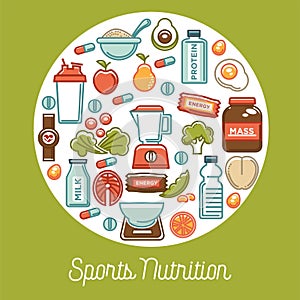 Fitness food poster of sports healthy diet food nutrition icons.