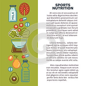 Fitness food poster of sports healthy diet food nutrition icons.