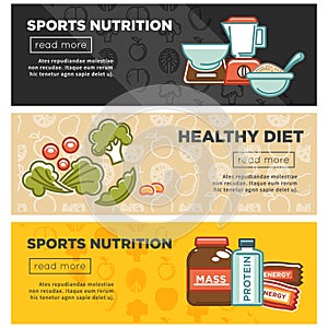 Fitness food and sports healthy diet nutrition products supplements vector banners