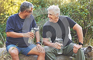 Fitness, friends and elderly men relax after run in park with water bottle, hydration and break after exercise. Body