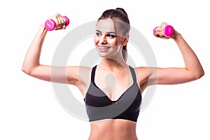 Fitness girl, athletic woman working out with dumbbells.