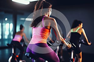 Fitness girl doing exercises on a bike in the gym. An athletic woman trains her leg muscles. Generative Ai