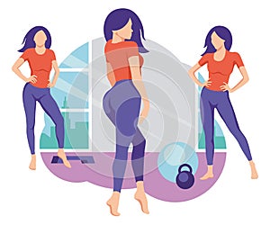 Fitness girl doing sports in the gym. Flat design.
