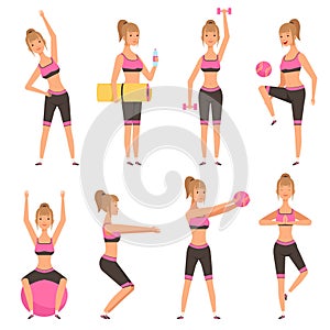 Fitness girl. Female sport character in various action poses in gym making cardio exercises