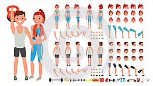 Fitness Girl, Man Vector. Animated Sport Male, Female Character Creation Set. Full Length, Front, Side, Back View