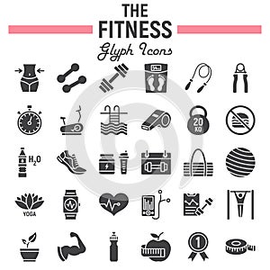 Fitness glyph icon set, sport symbols collection