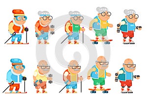 Fitness Granny Grandfather Adult Healthy Activities Old Age Man Woman Characters Set Cartoon Flat Design Vector
