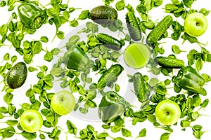 Fitness greeny drink with vegetables on white background top view mock-up