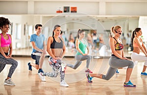 Fitness group in gym doing aerobic exercises photo