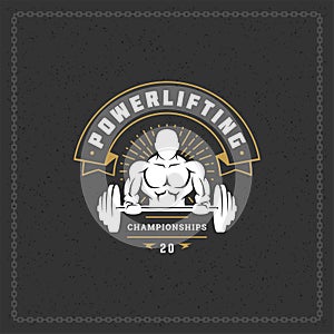 Fitness gym badge or emblem vector illustration bodybuilder man lifting a heavy barbell silhouette