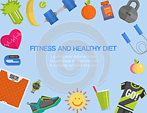 Fitness, gym, cardio, healthy diet and lifestyle advertising poster with weight scales, sport wear and food vector