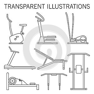 Fitness and gym equipment, exercise machine. Set of vector illustration. Exercise bike, weight and workout bench.