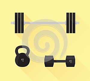 Fitness gym equipment icons. Barbell, dumbbell, kettlebell, modern minimal flat design style. Vector illustration, icon set