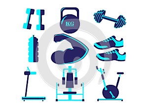 Equipment set for Fitness and gym, sports items vector icons. bodybuild Dumbbells, barbell, and bottle, training sneakers, cardio photo