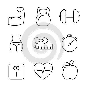 Fitness and gym line icons on white background