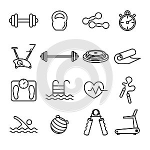 Fitness and gym line thin black icons set.