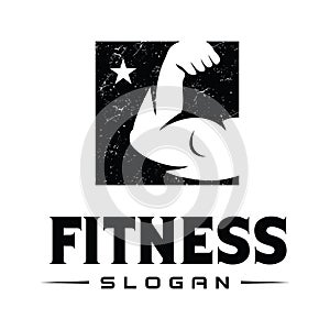 Fitness gym logo with bodybuilding strong athlete and barbell Vector template. Fitness Logo Template Badge Shield Frame Muscle