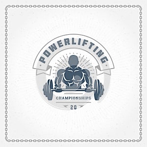 Fitness gym logo or emblem vector illustration bodybuilder man lifting a heavy barbell silhouette for t-shirt or print