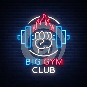 Fitness, gym logo sign in neon style isolated, vector illustration. A glowing banner, a bright neon sign, a night