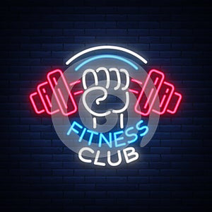 Fitness, gym logo sign in neon style , vector illustration. A glowing banner, a bright neon sign, a night