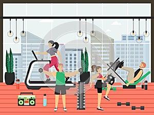 Fitness gym. People running on treadmill, exercising with dumbbells, using leg press machine, flat vector illustration.