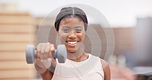 Fitness, gym and portrait of black woman with dumbbell, smile and motivation for wellness and power in training. Sports