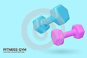 Fitness gym poster with 3d realistic dumbbell. Vector illustration. Fitness equipment for exercise banner, weights