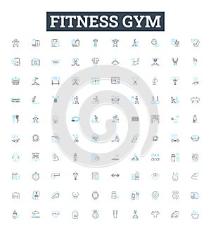 Fitness gym vector line icons set. Fitness, Gym, Exercise, Workout, Training, Strength, Bodybuilding illustration