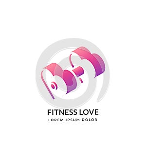 Fitness gym, vector logo sign, emblem design template. Pink heart shape dumbbell, isometric icon. Girl training concept