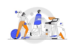 Fitness and gym web concept in flat outline design with characters.