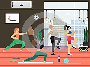 Fitness gym. Young women doing tae bo aerobics, stretching exercises, flat vector illustration.