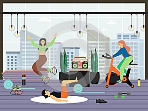 Fitness gym. Young women riding stationary bike, doing kangoo aerobic and pilates exercises, flat vector illustration.