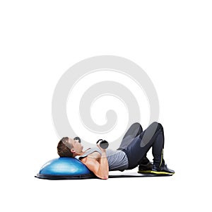 Fitness, half ball or athlete in dumbbell workout performance for wellness in studio on white background. Strong male