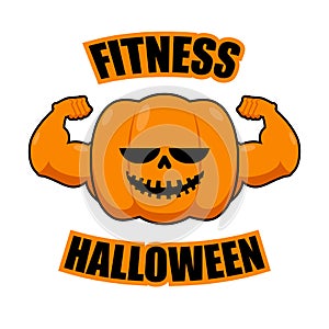 Fitness Halloween. Pumpkin with muscles. Vegetable with large ha