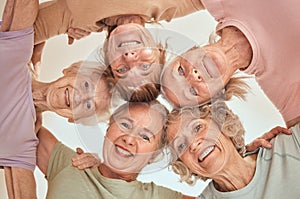 Fitness, happy and elderly friends in a circle for support, trust and team building in a wellness class below view