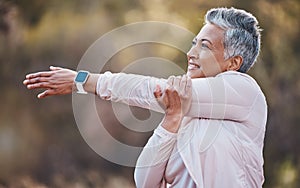 Fitness, happy or old woman stretching in nature to start training, hiking exercise or workout in Portugal. Wellness