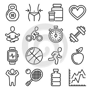 Fitness and Health Icons Set on White Background. Line Style Vector