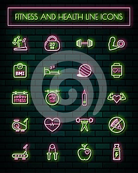 Fitness and Health thin neon glowing line icons set.vector illustration