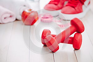 Fitness, healthy and active lifestyles Concept, dumbbells, sport photo