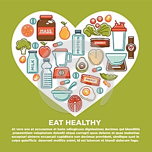 Fitness healthy food heart poster of sport diet food nutrition and dietary supplement icons.