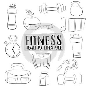 Fitness and healthy lifestyle icons set. Black and white outline coloring page. Hand drawn doodle objects.