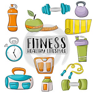 Fitness and healthy lifestyle icons set. Colorful hand drawn doodle objects.