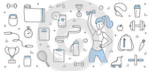 Fitness, healthy lifestyle sport doodle background