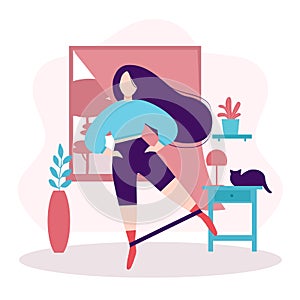 Fitness and healthy lifestyle. Stay at home concept. Plump girl with long dark hair doing leg swing exercise with elastic band