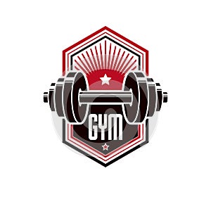 Fitness and heavyweight gym sport club logotype template, retro stylized vector emblem or badge.