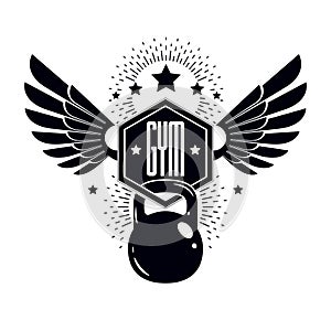Fitness and heavyweight gym sport club logotype template, vintage style winged vector emblem. With kettlebell.