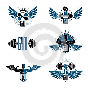 Fitness and heavyweight gym sport club logotype templates, retro