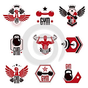 Fitness and heavyweight gym sport club logotype templates, retro