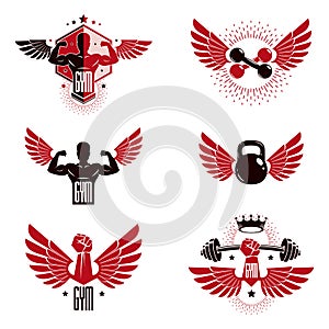 Fitness and heavyweight gym sport club logotype templates, retro style vector emblems set