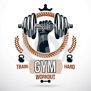 Fitness and heavyweight gym sport club vector symbol made using